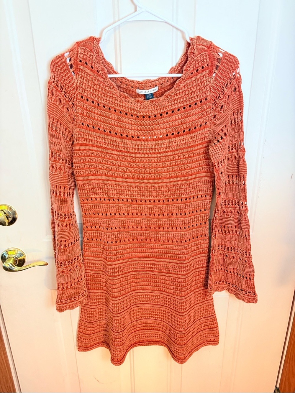 American Eagle Outfitters Coral Open-Knit Long Sleeve Dress